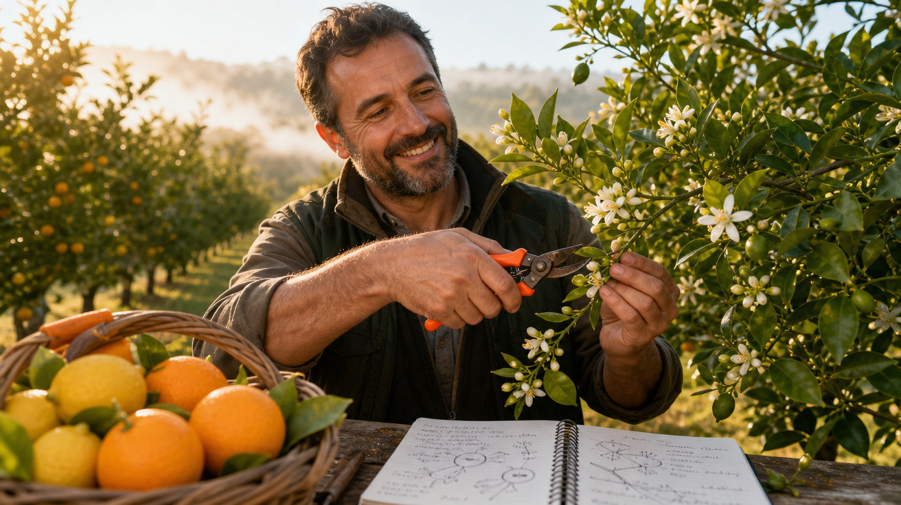 Homem sorridente a podar flores de uma árvore de citrinos numa plantação ao pôr do sol.