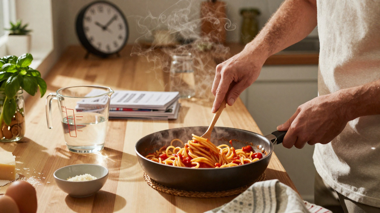 Pessoa a cozinhar esparguete com molho de tomate numa frigideira numa cozinha iluminada.