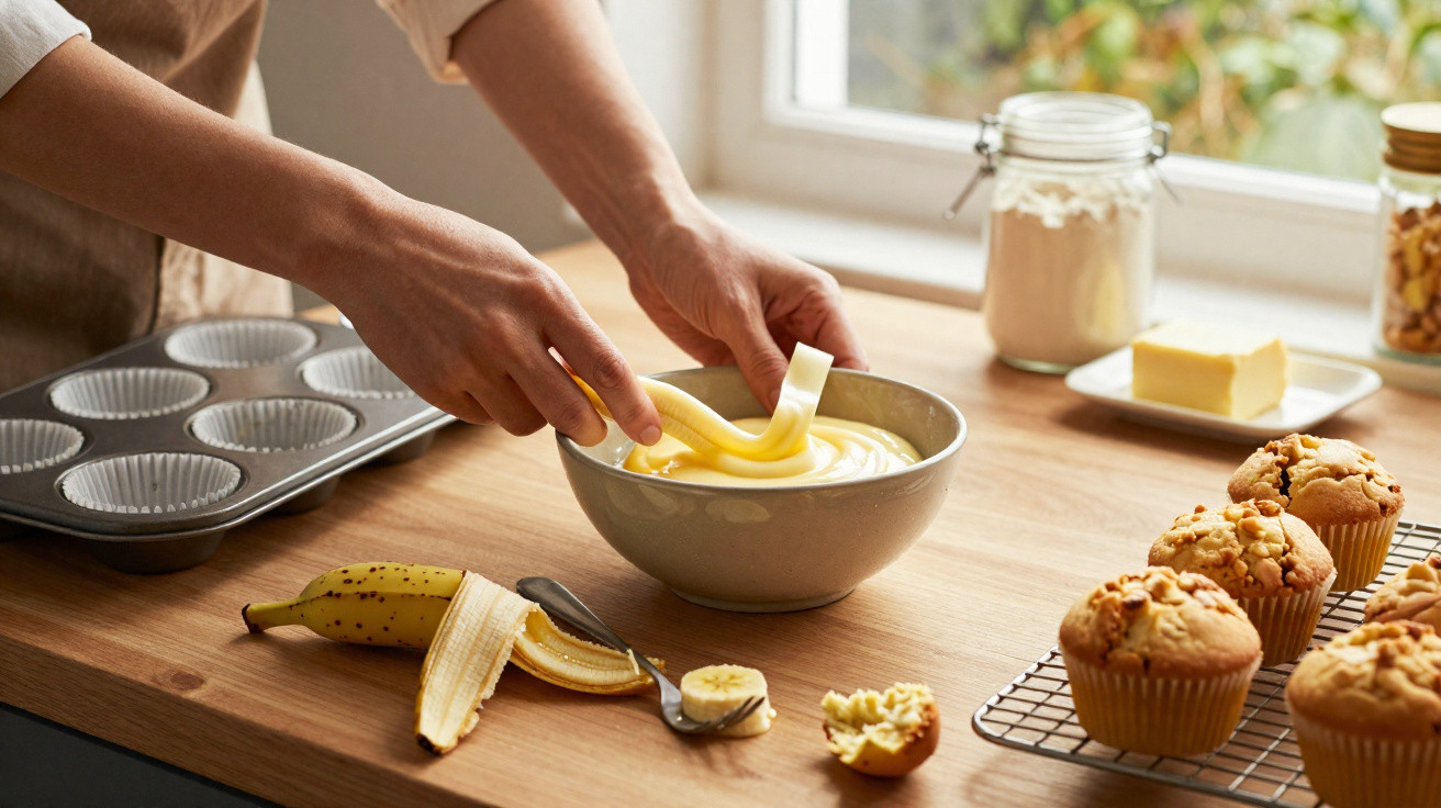 Mãos a mergulhar tiras de massa em creme amarelo para fazer muffins, com bananas e muffins prontos ao lado.