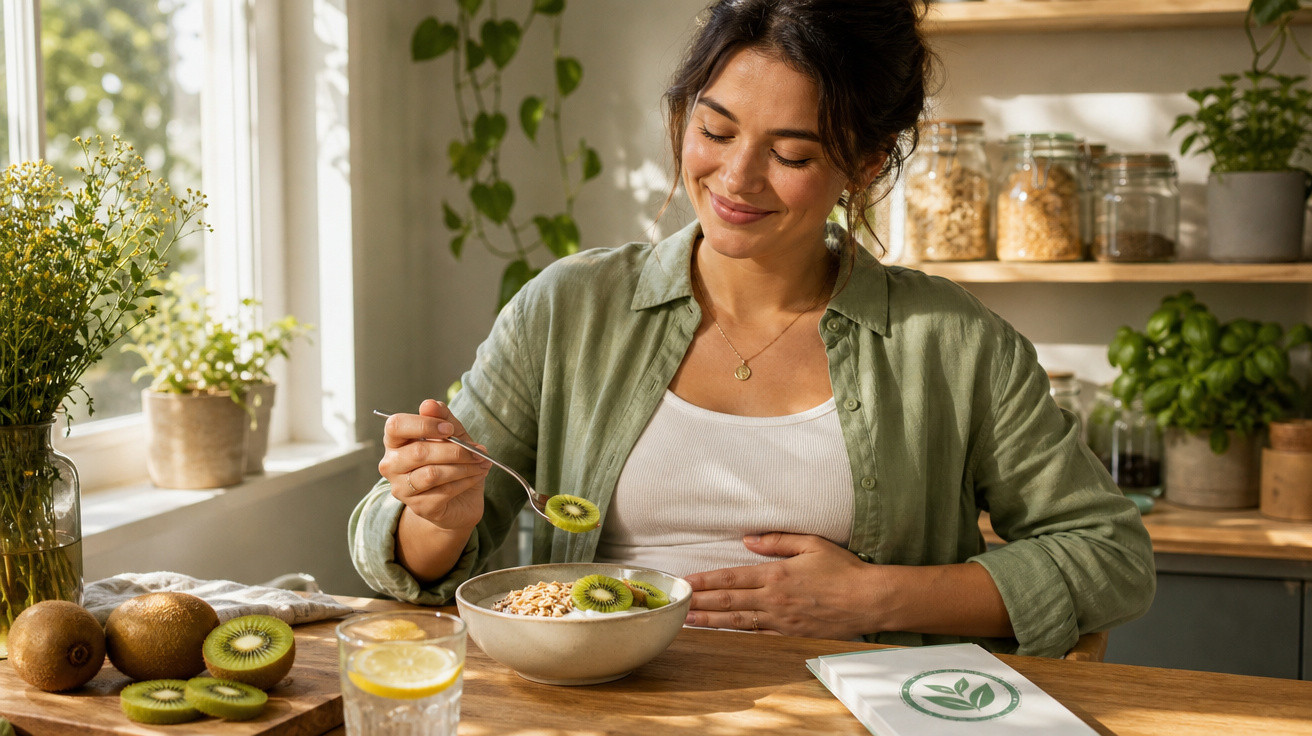 Mulher sorridente a comer taça de aveia com kiwis numa cozinha iluminada e decorada com plantas.