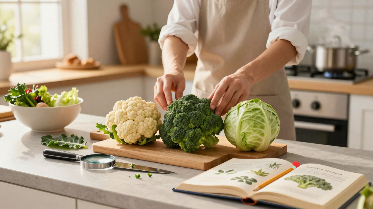 Pessoa a preparar couve-flor, brócolos e repolho numa cozinha com livro de receitas aberto.