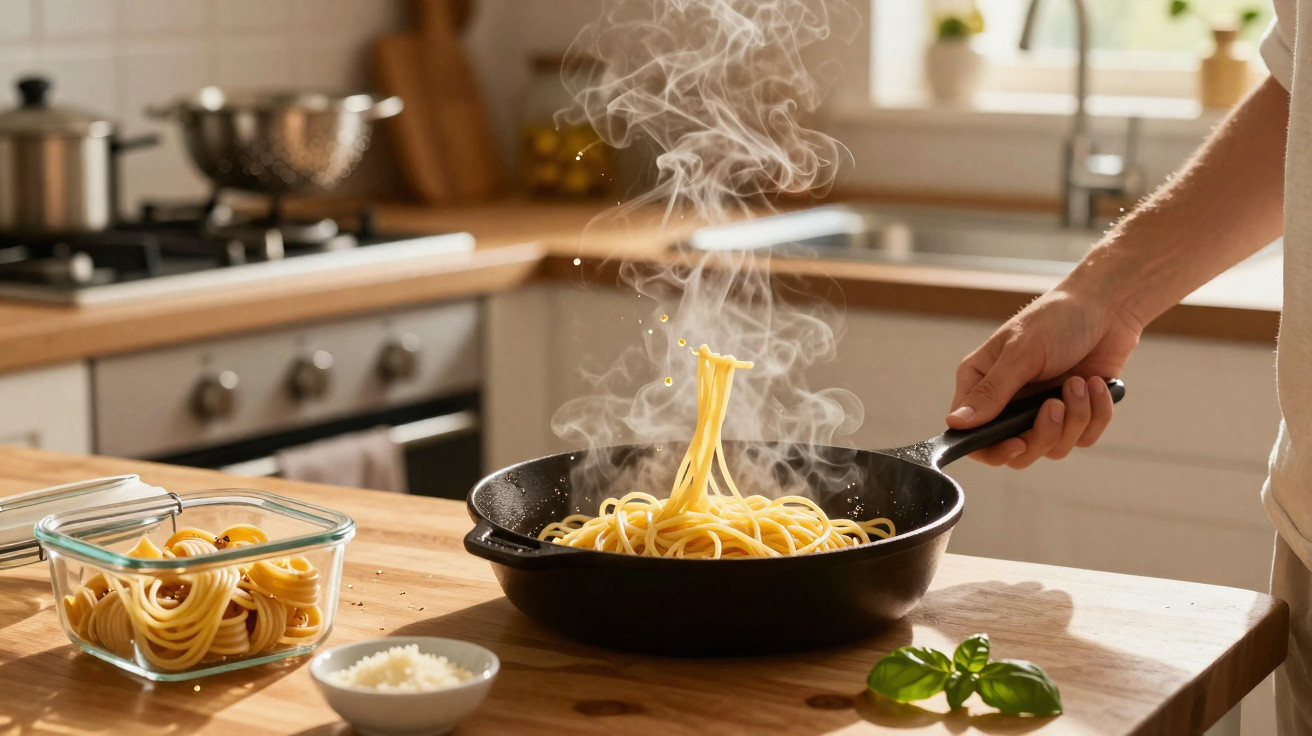 Mão a mexer massa quente de esparguete numa frigideira preta numa cozinha iluminada e moderna.