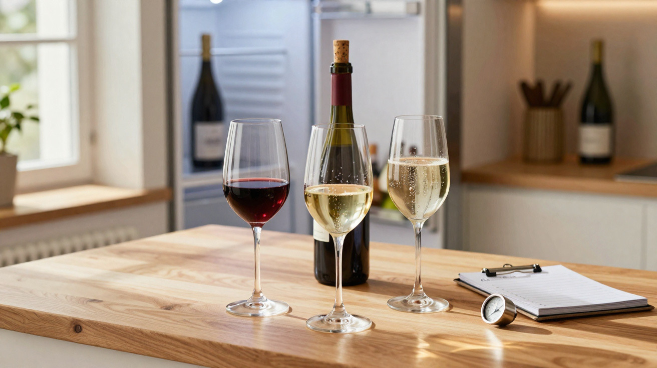 Três copos de vinho, um tinto e dois brancos, ao lado de garrafa aberta e bloco de notas numa cozinha moderna.