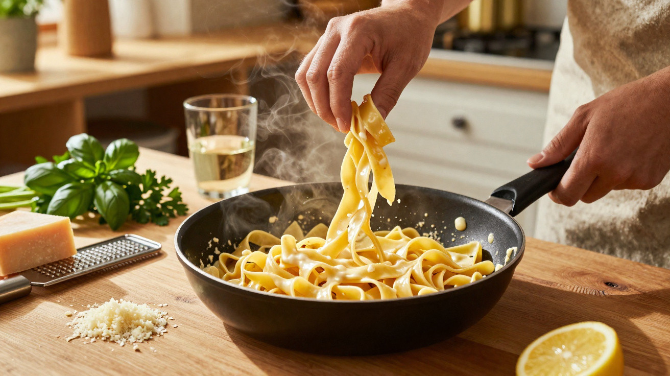 Pessoa a cozinhar massa tagliatelle com molho cremoso numa frigideira numa cozinha iluminada.