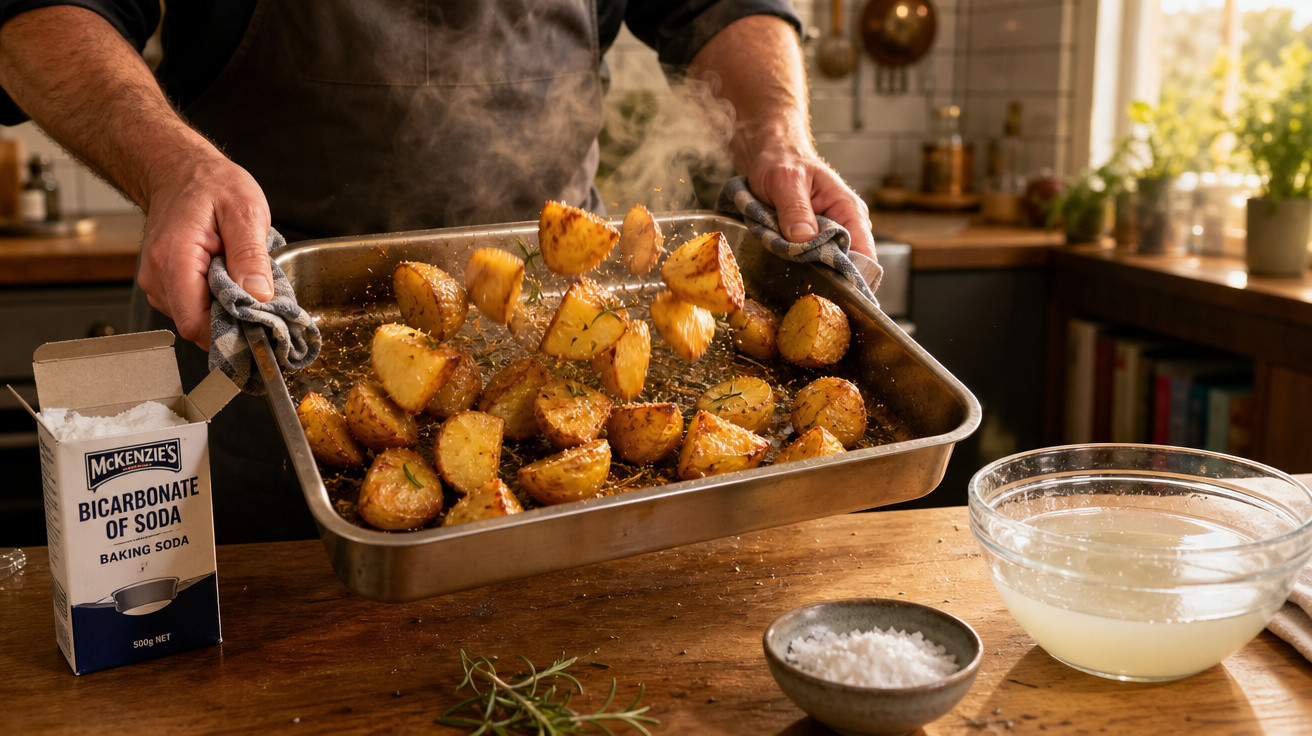 Pessoa a mexer batatas assadas numa forma de forno, com bicarbonato de sódio, sal e ervas na bancada.