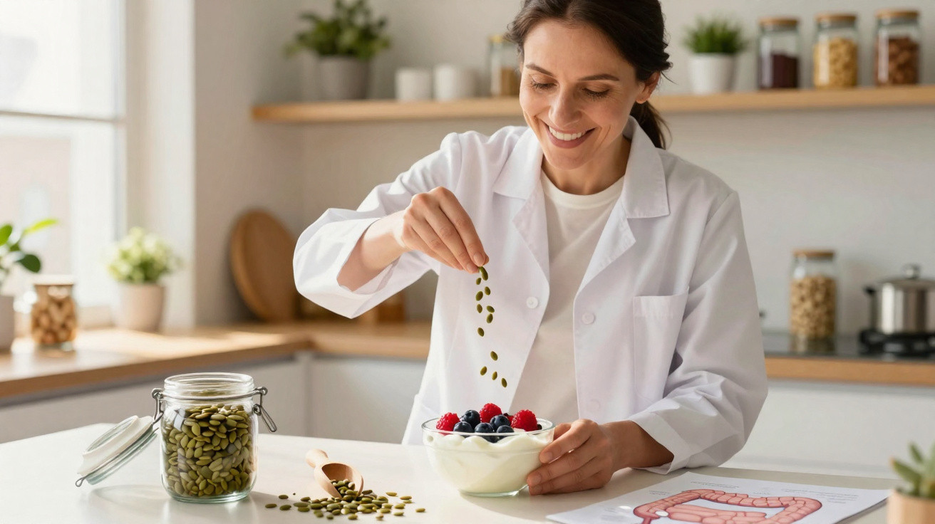Mulher em bata branca a polvilhar sementes num iogurte com frutos vermelhos numa cozinha iluminada.