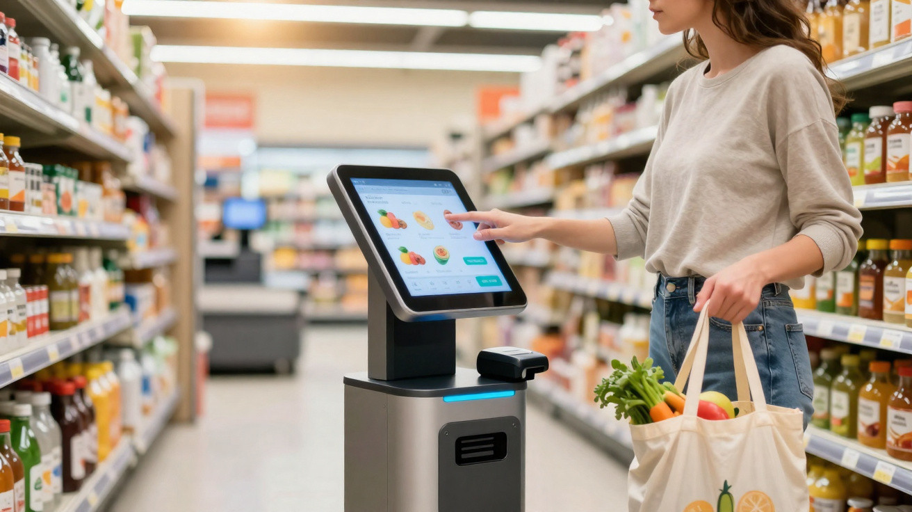 Mulher a usar quiosque digital num supermercado enquanto segura saco reutilizável com legumes frescos.