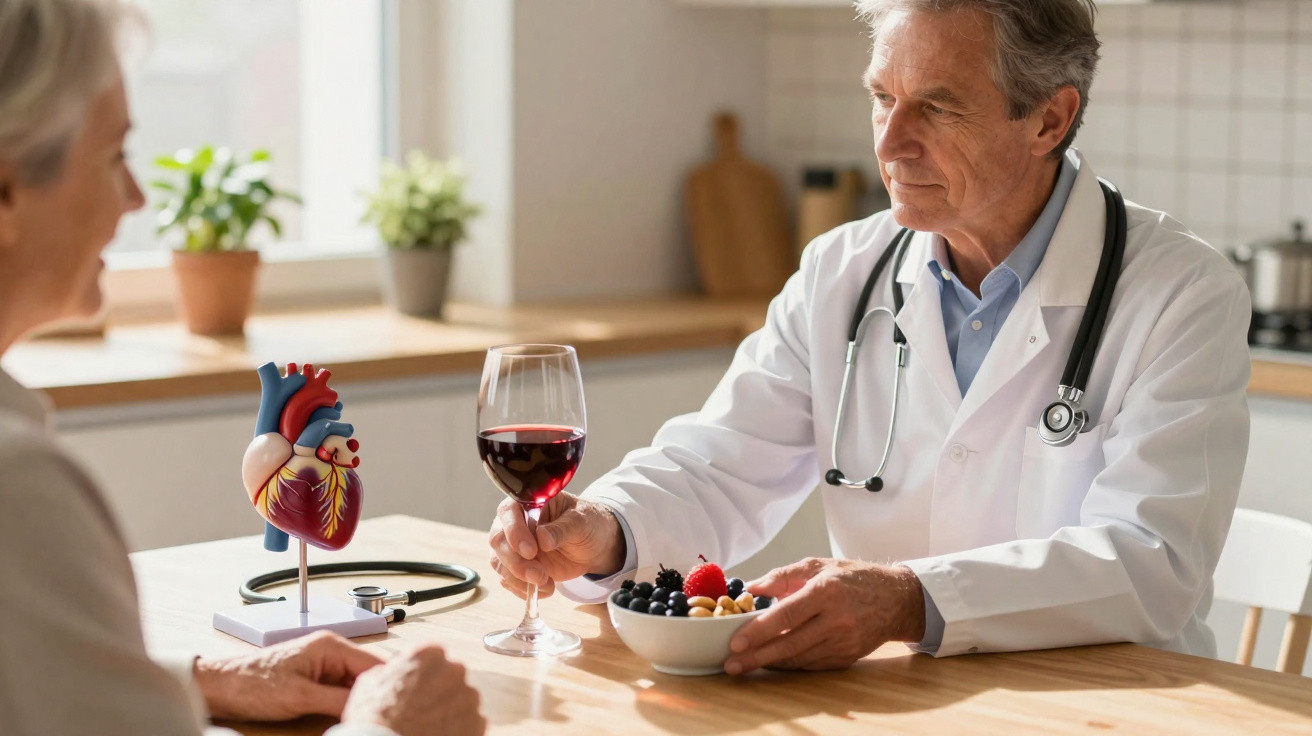 Médico conversa com paciente segurando copo de vinho tinto e tigela com frutos, modelo de coração na mesa.