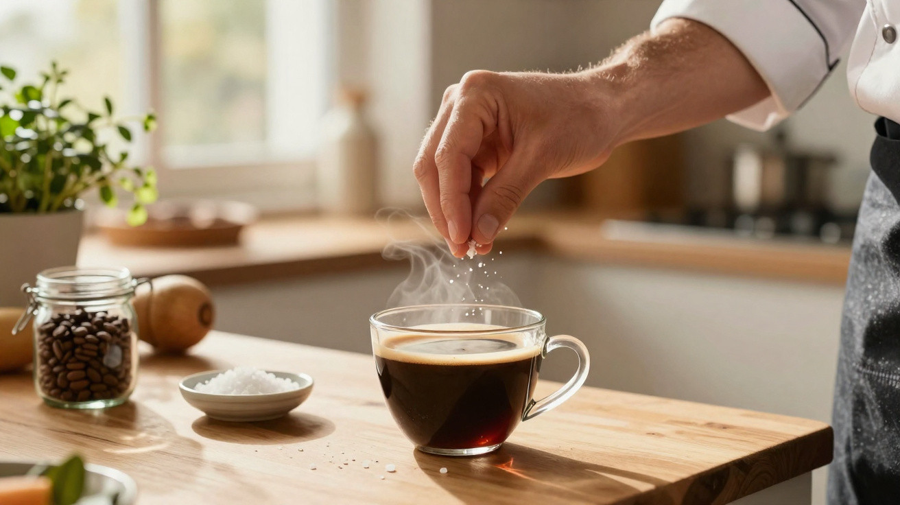 Mão a salpicar sal numa chávena de café fumegante numa cozinha iluminada e acolhedora.