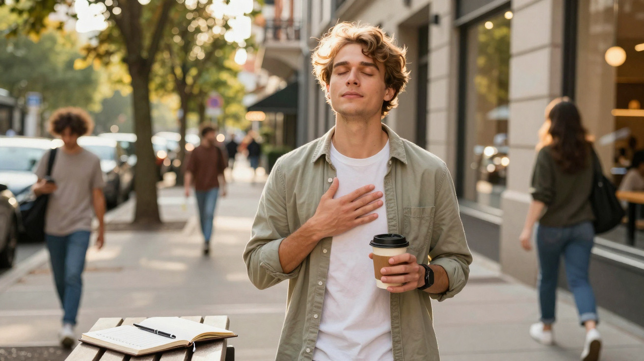 Jovem com olhos fechados, mão no peito e café na outra, desfrutando de momento calmo na rua movimentada.