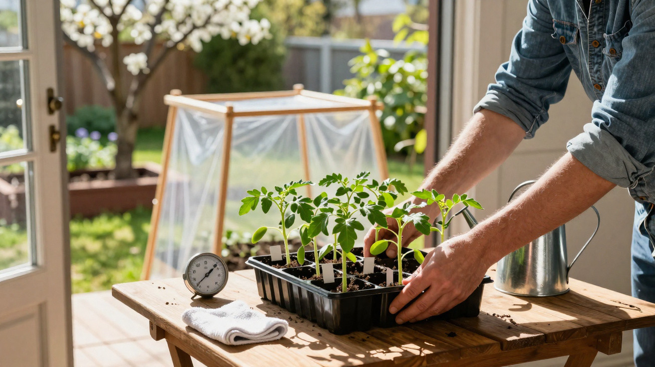 Pessoa cuidando de mudas de plantas num tabuleiro numa mesa de madeira numa varanda ensolarada.