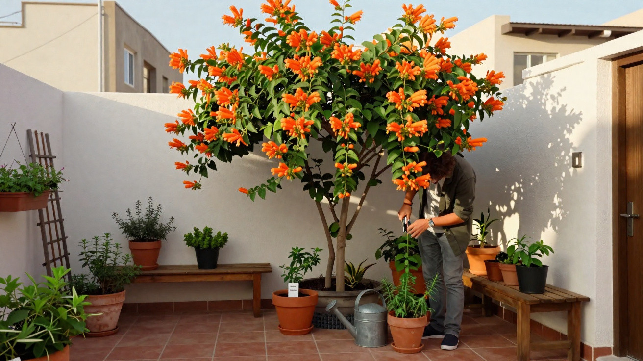 Homem cuida de plantas num pátio com árvore florida de flores laranja e vasos variados.