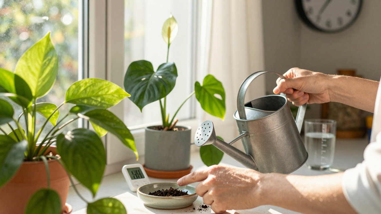 Mãos a regar plantas em vaso junto à janela com regador metálico e medidor de temperatura.
