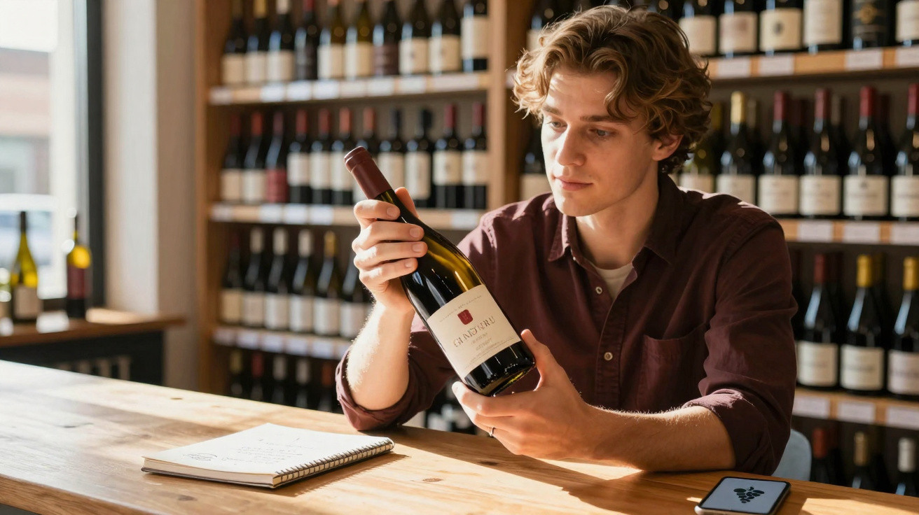 Jovem examina uma garrafa de vinho numa loja com várias garrafas de vinho nas prateleiras ao fundo.