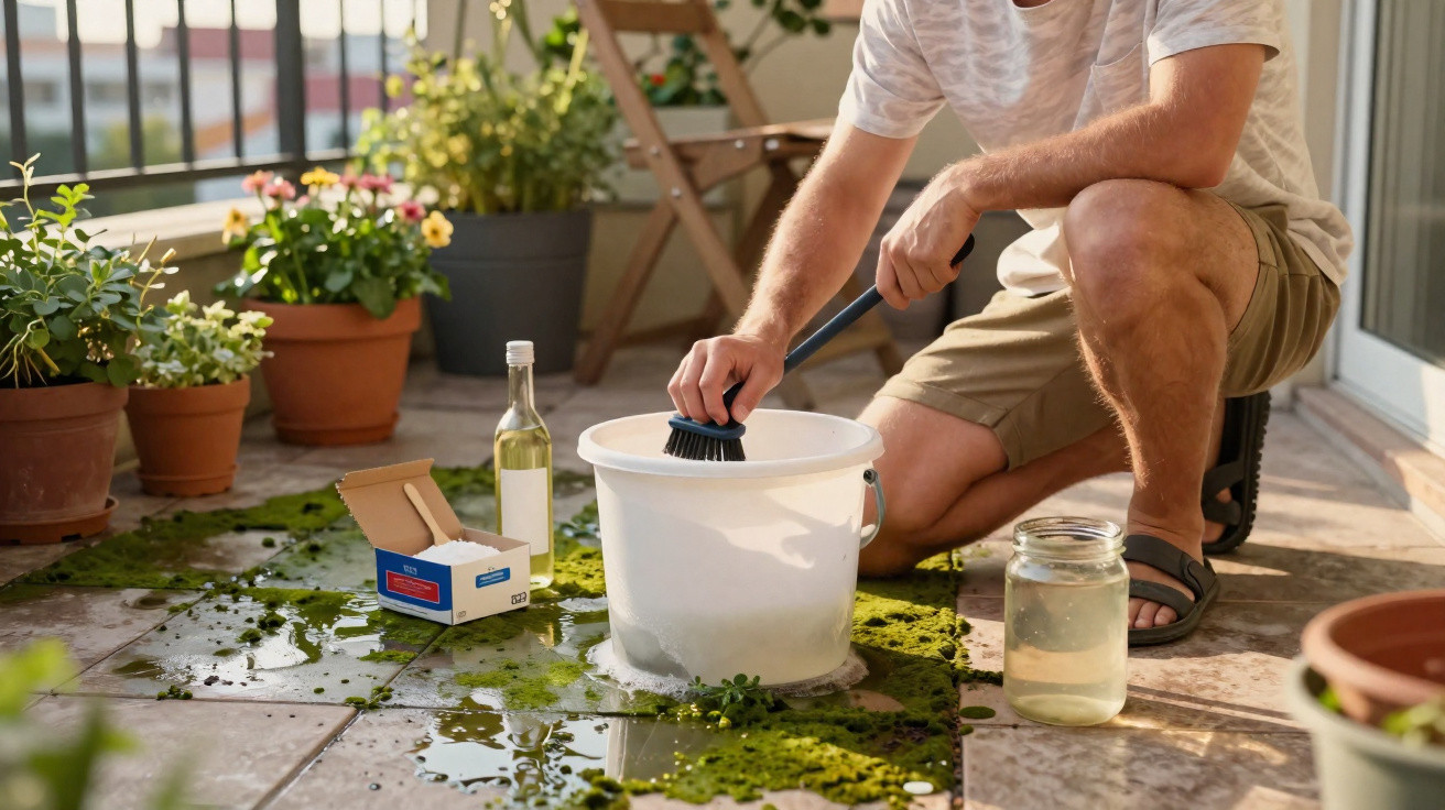 Pessoa a limpar chão exterior com escova e balde, rodeada de plantas em vasos e régua na mão.
