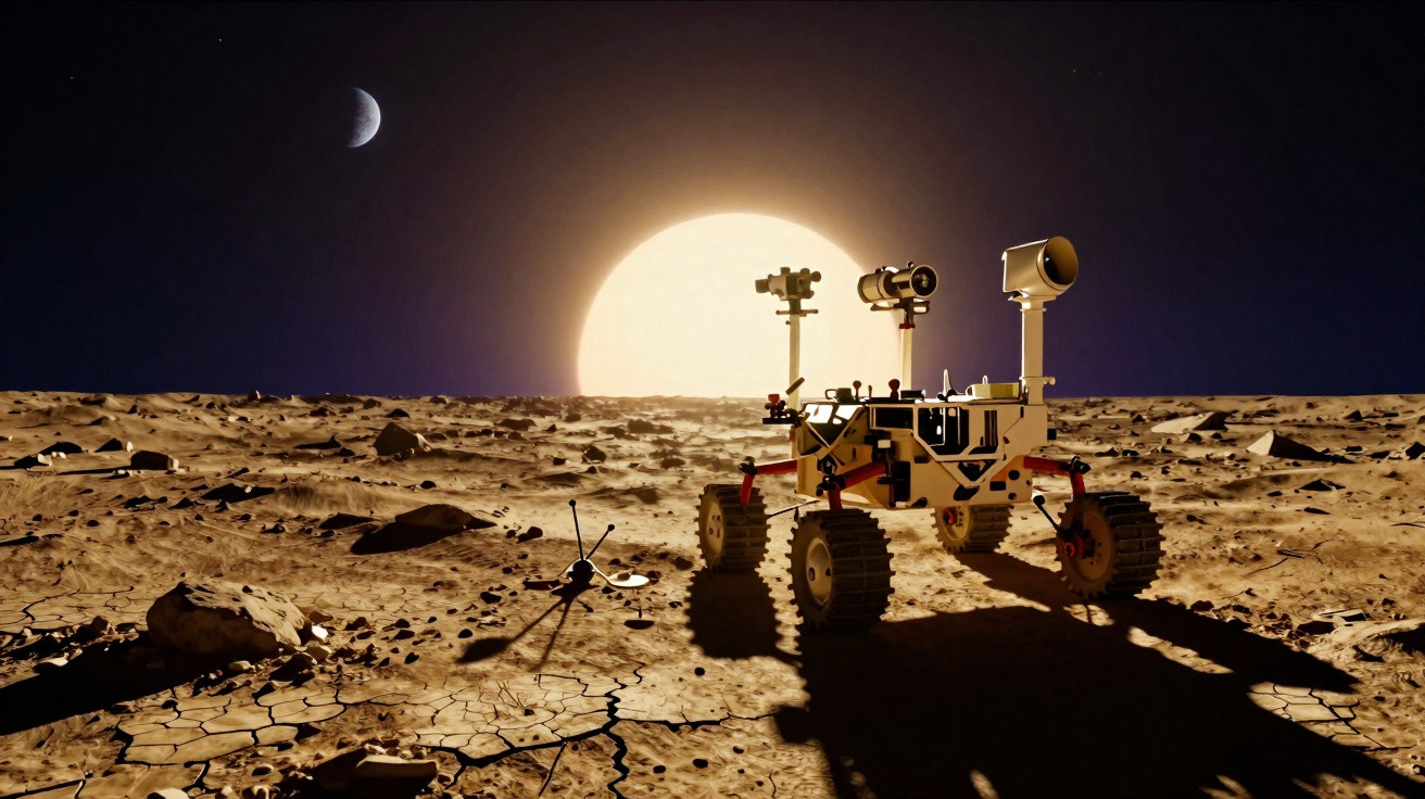 Rover espacial numa superfície rochosa sob um céu escuro com a Terra e o Sol no horizonte.