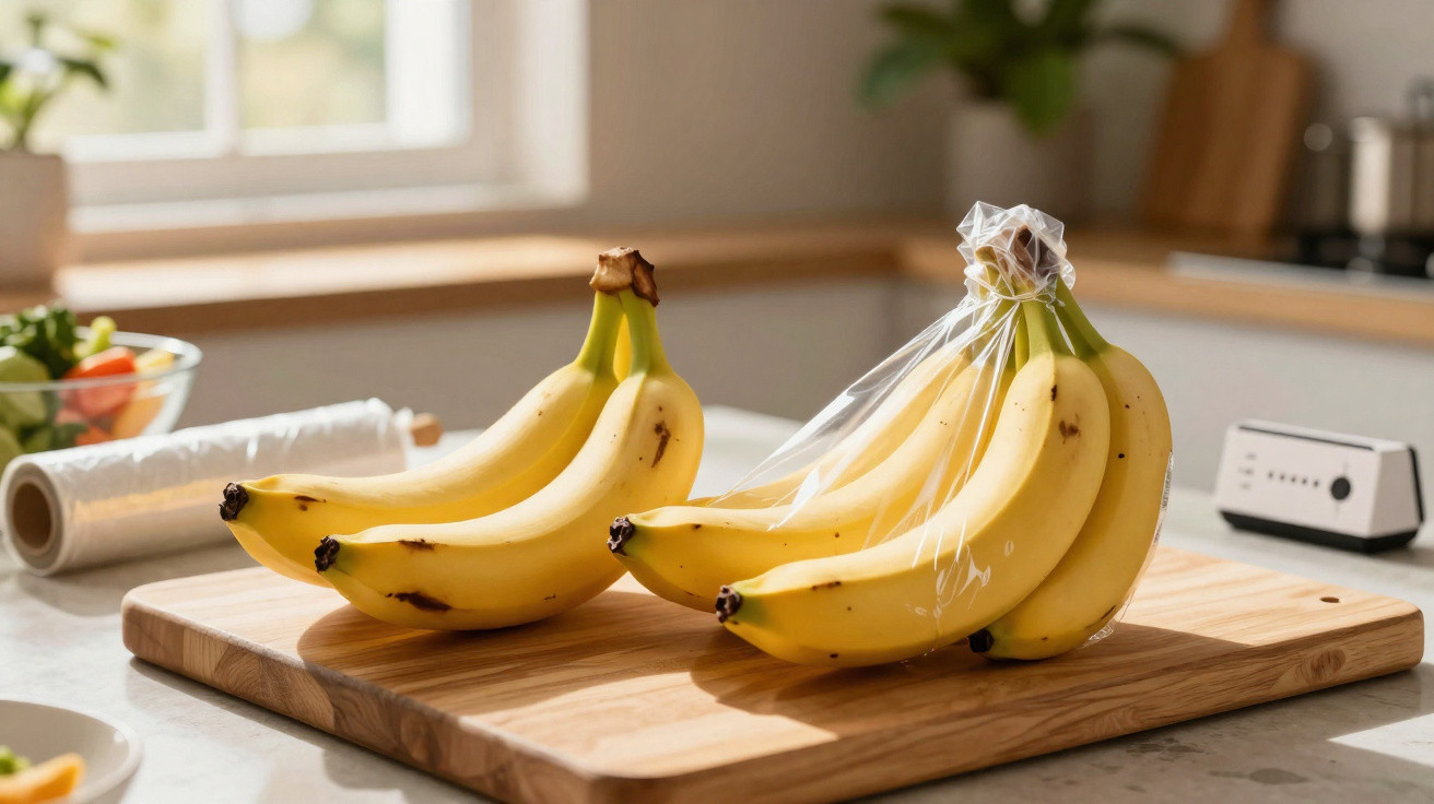 Cachos de bananas maduras, um embrulhado em plástico, sobre tábua de madeira numa bancada de cozinha.