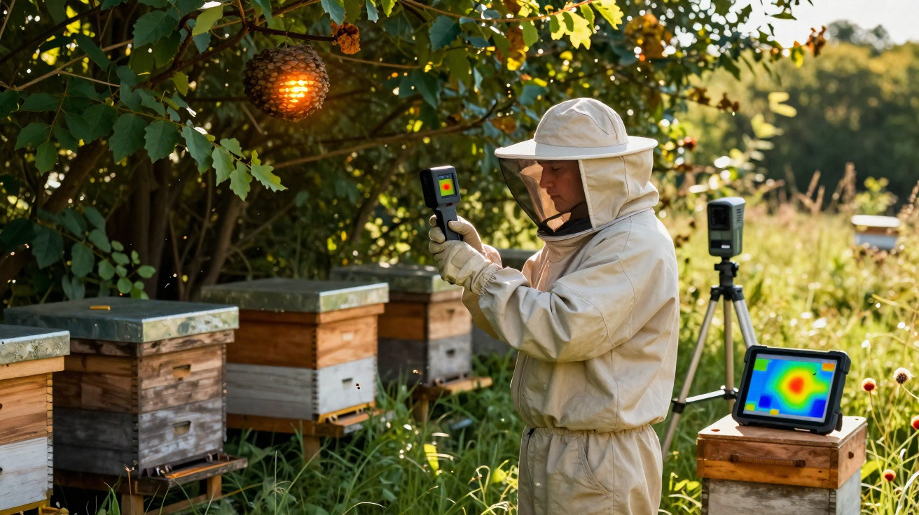 Apicultor com fato protetor usa câmara térmica para inspeção perto de colmeias num campo ensolarado.