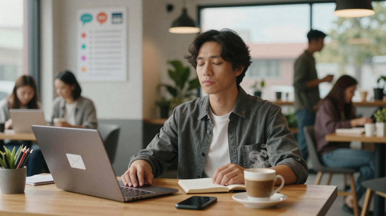 Homem jovem sentado numa mesa de café, com portátil, caderno e chá quente, olhos fechados a meditar.