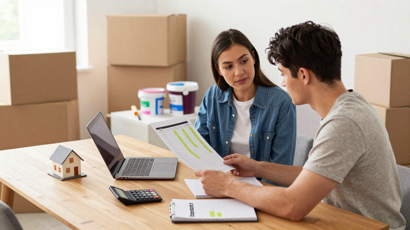 Casal jovem a analisar documentos de finanças numa mesa com portátil, calculadora e maquete de casa.