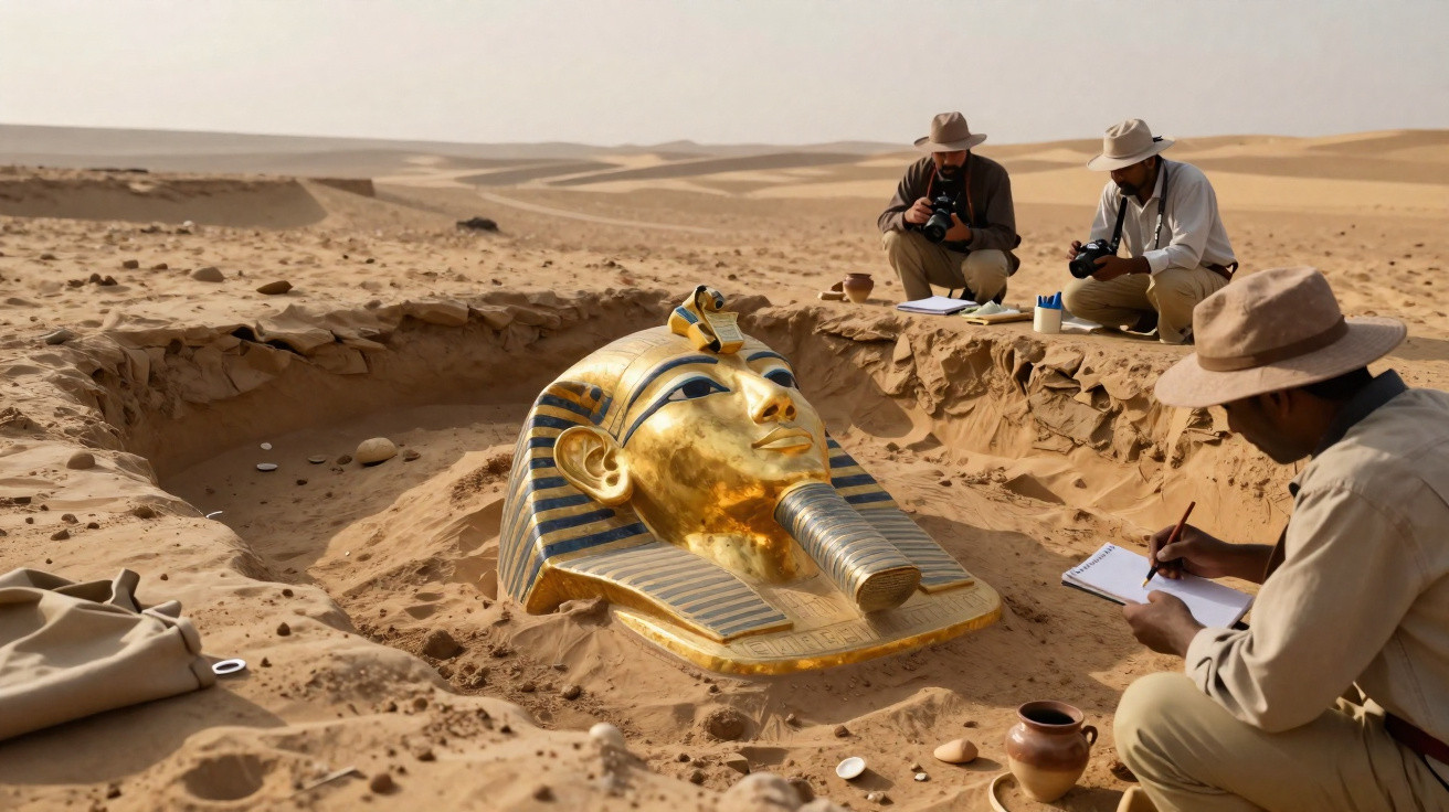 Equipa de arqueólogos estuda uma máscara funerária dourada no deserto durante escavação.