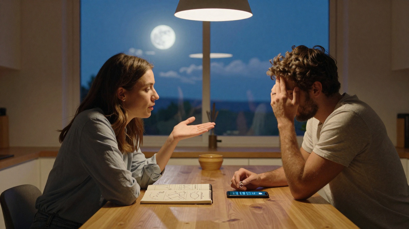 Casal sentado à mesa a discutir, com caderno e telemóvel, à noite com a lua cheia visível pela janela.