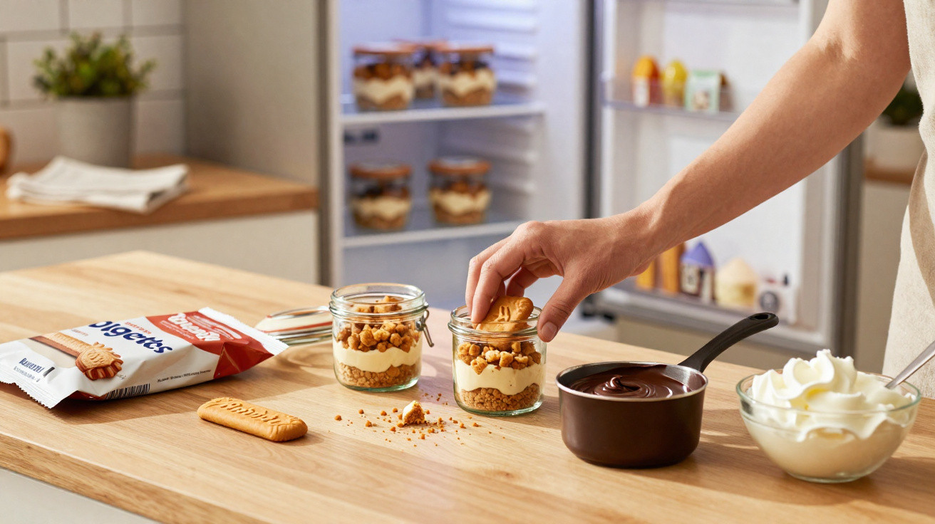 Pessoa a colocar bolacha em sobremesas de vidro com creme, bolacha esmagada e chocolate na bancada da cozinha.