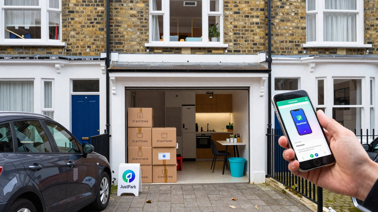 Garagem de casa com caixas empilhadas e telemóvel com app JustPark aberta em mão.