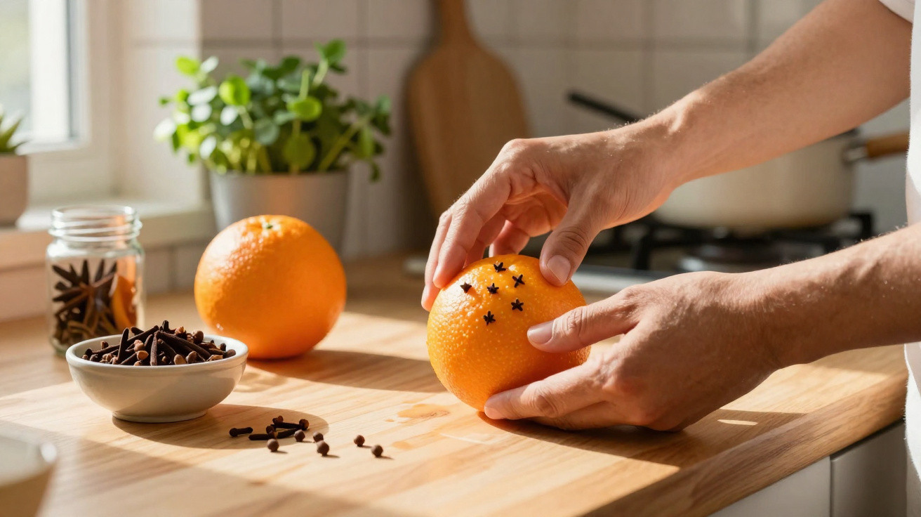 Mãos a espetar cravos numa laranja sobre bancada de cozinha com mais laranja e potes de especiarias.