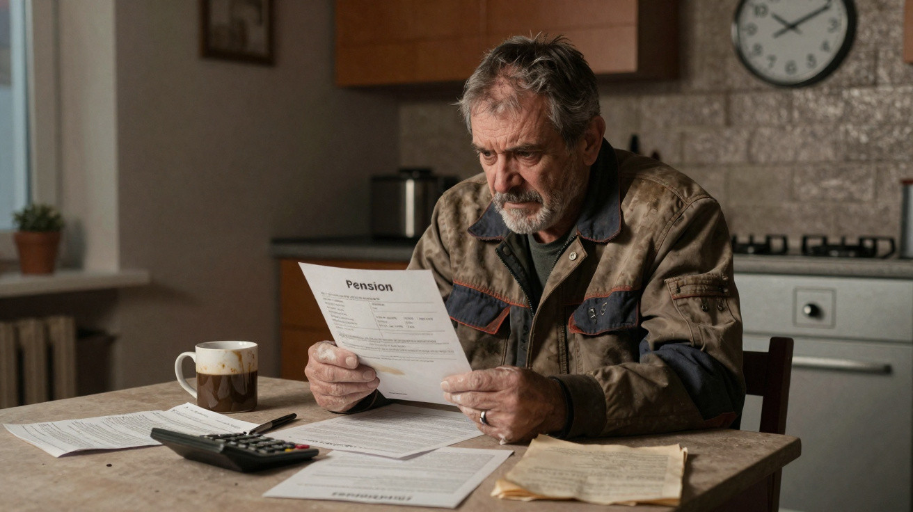 Homem idoso preocupado lê documento de pensão numa mesa com papéis e calculadora numa cozinha.
