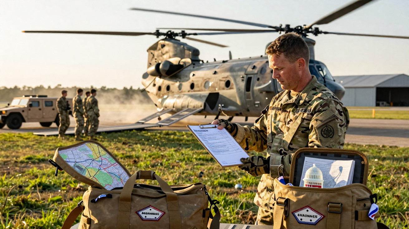 Militar a preparar-se com documentos ao ar livre, com helicóptero e viatura militar ao fundo numa base aérea.