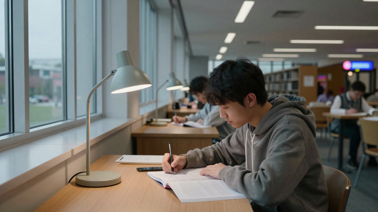 Jovem a estudar com caneta e livro numa biblioteca iluminada por candeeiro e luz natural.