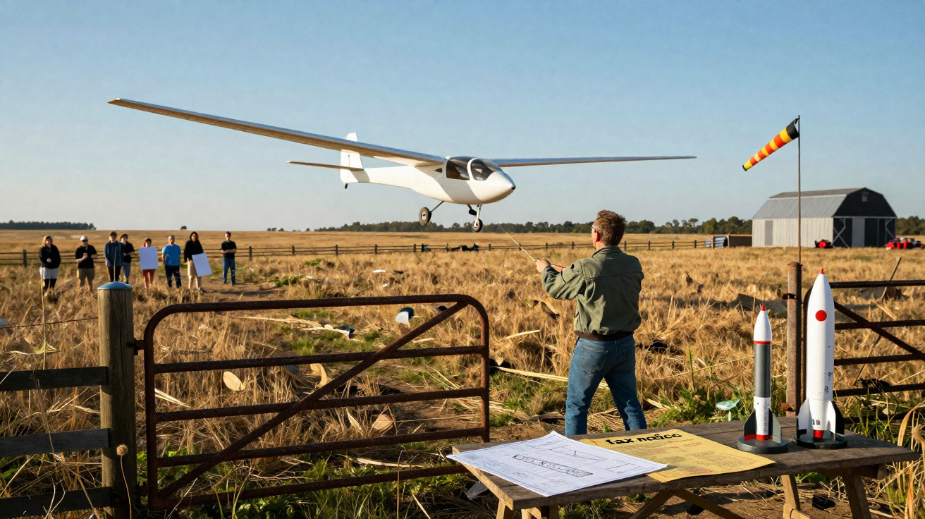 Homem controla com corda pequeno avião branco em campo aberto, com grupo a observar ao fundo.