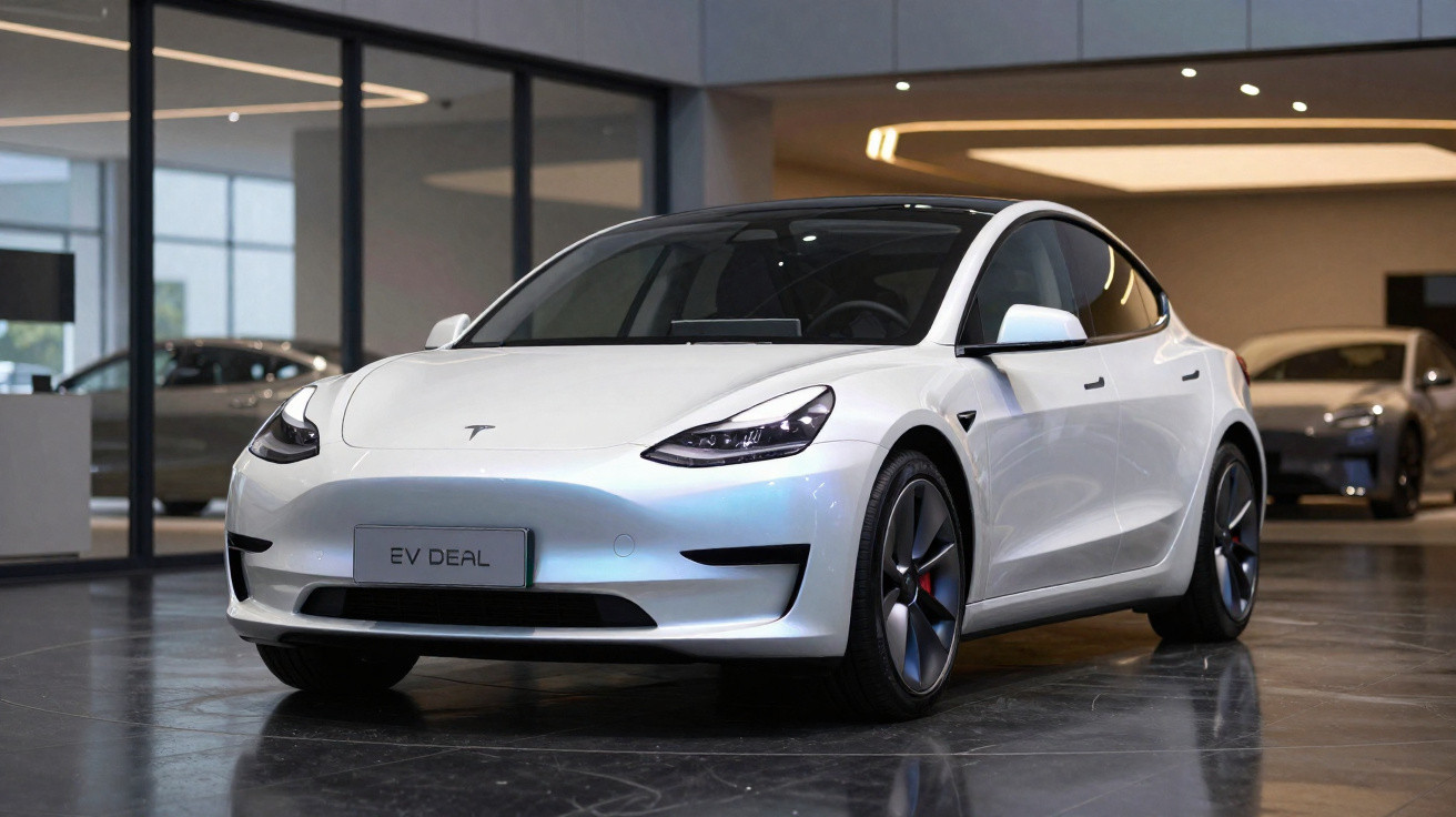Carro elétrico Tesla branco estacionado no interior de um showroom moderno.