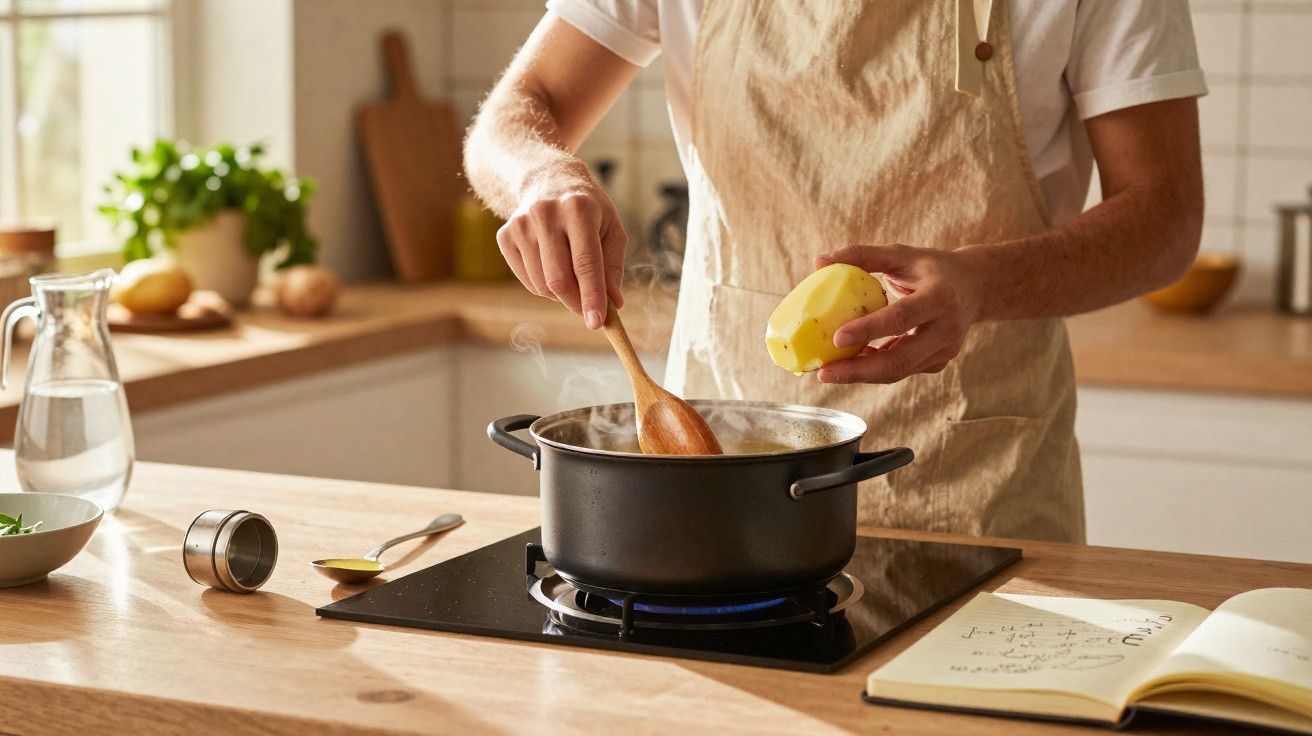 Pessoa de avental a cozinhar numa panela com batata descascada e livro de receitas aberto numa cozinha moderna.