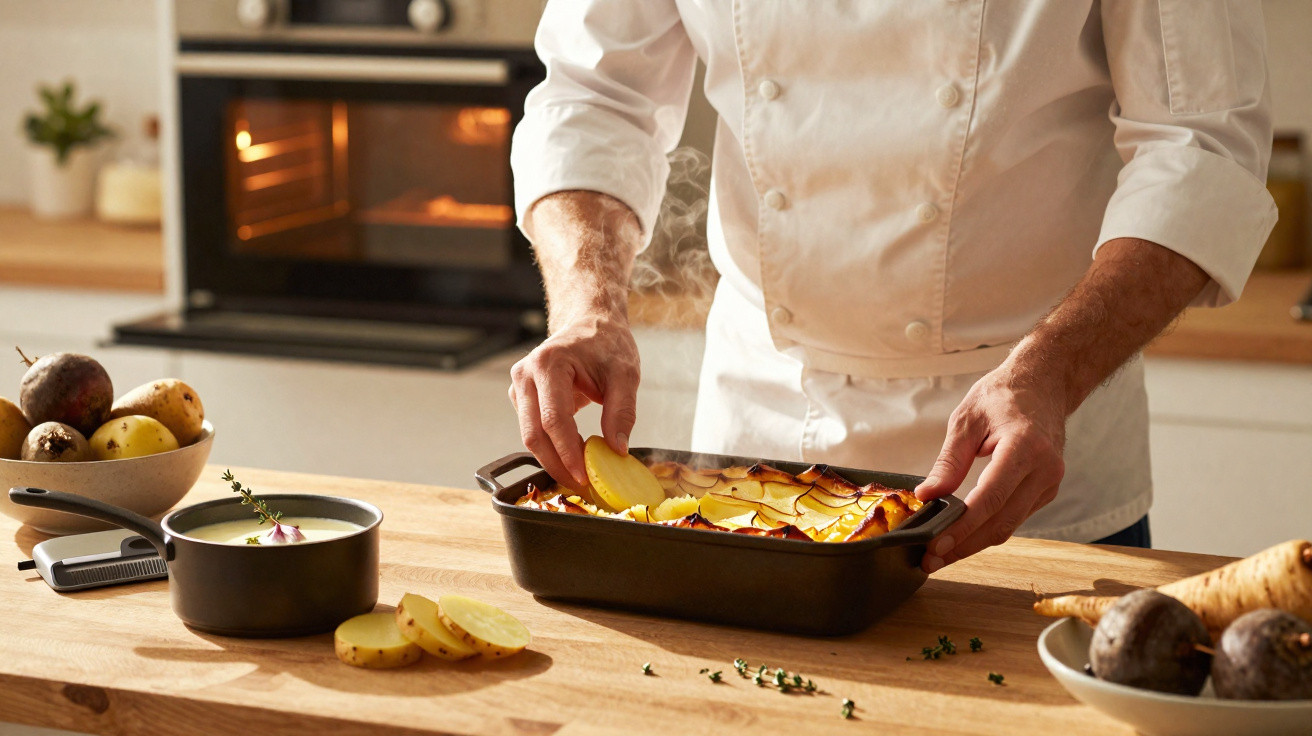 Chef a decorar um gratinado com fatias de batata numa cozinha moderna.