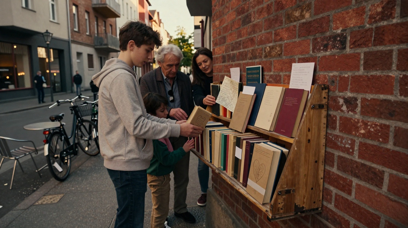 Quatro pessoas escolhem livros numa estante exterior de madeira numa rua urbana ao pôr do sol.