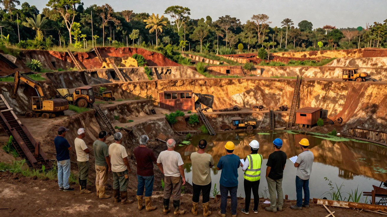 Grupo de trabalhadores com equipamentos de segurança observam uma pedreira com máquinas e lago artificial.