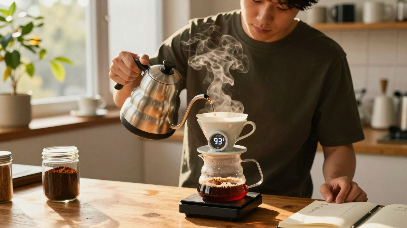 Pessoa a preparar café coado com chaleira e jarro de vidro numa cozinha iluminada.
