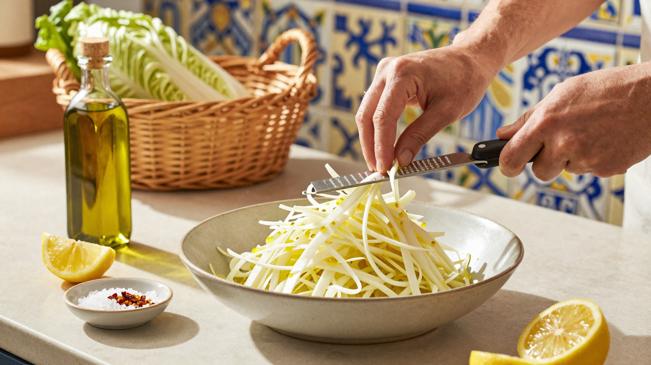 Pessoa a ralar legumes sobre um prato com ingredientes como limão, azeite e sal ao lado.
