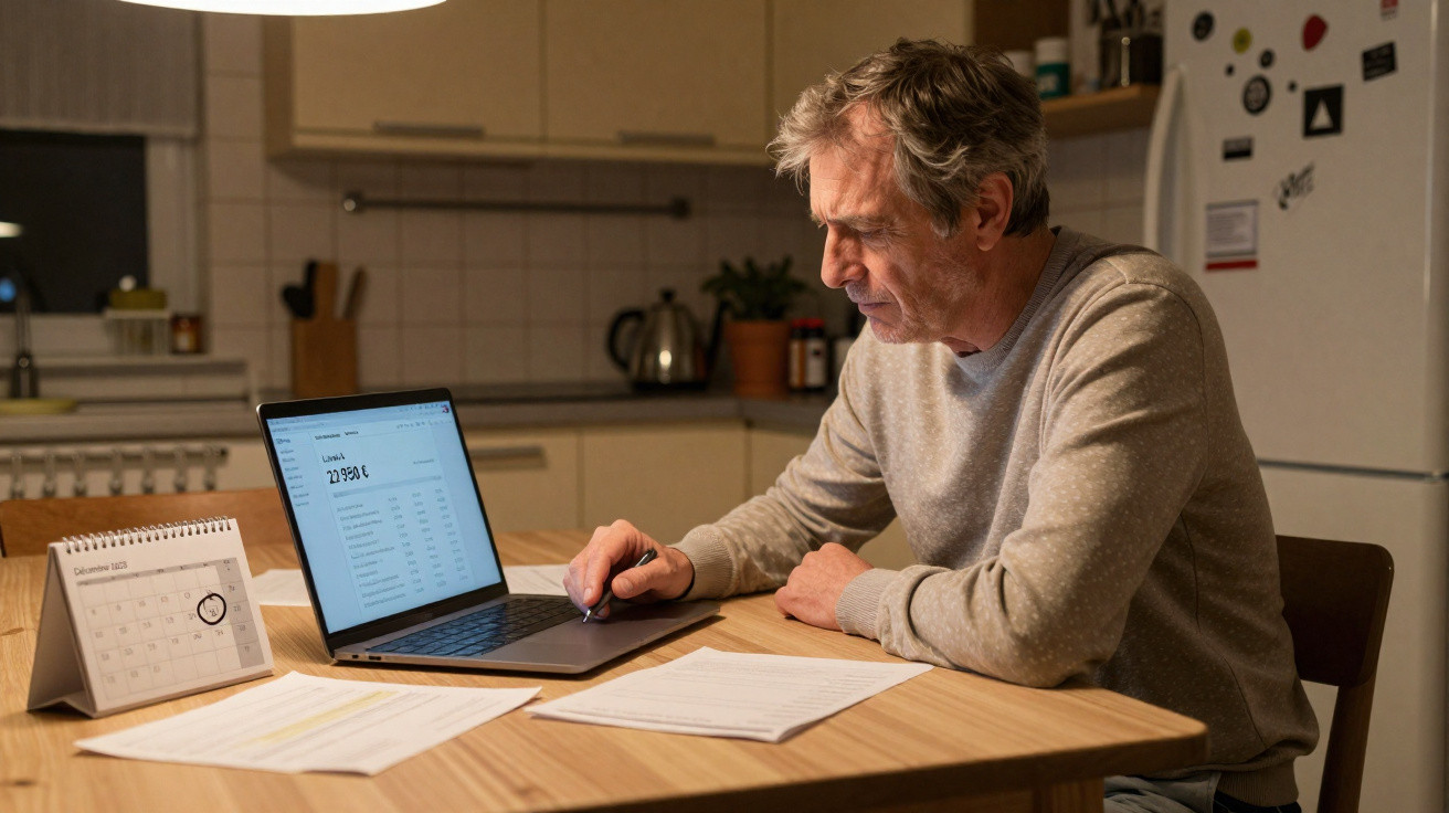 Homem sentado à mesa a analisar documentos e a usar um computador portátil numa cozinha iluminada.