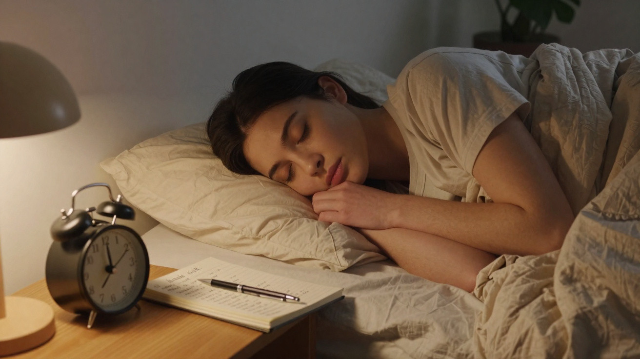 Mulher jovem a dormir na cama ao lado de um despertador e um caderno com uma caneta.
