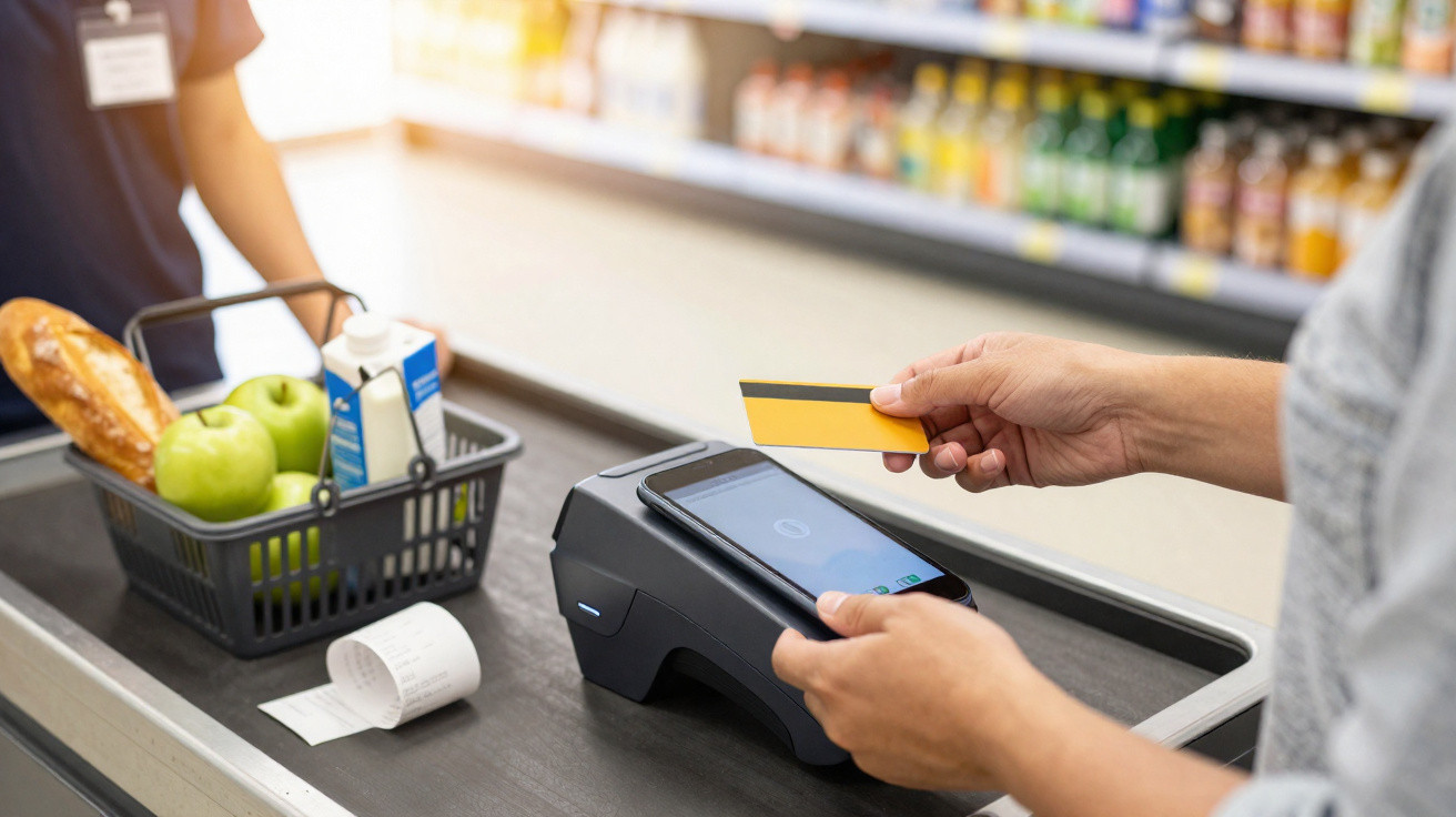 Pessoa a pagar com cartão contactless num supermercado com alimentos numa cesta ao fundo.