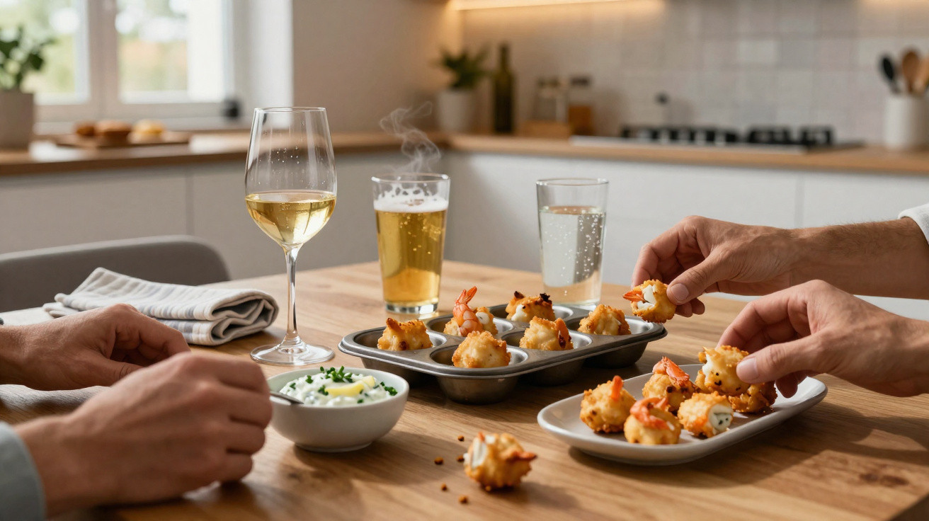 Mesa com aperitivos de camarão, copos de vinho branco, cerveja e água, com duas pessoas a comer na cozinha.