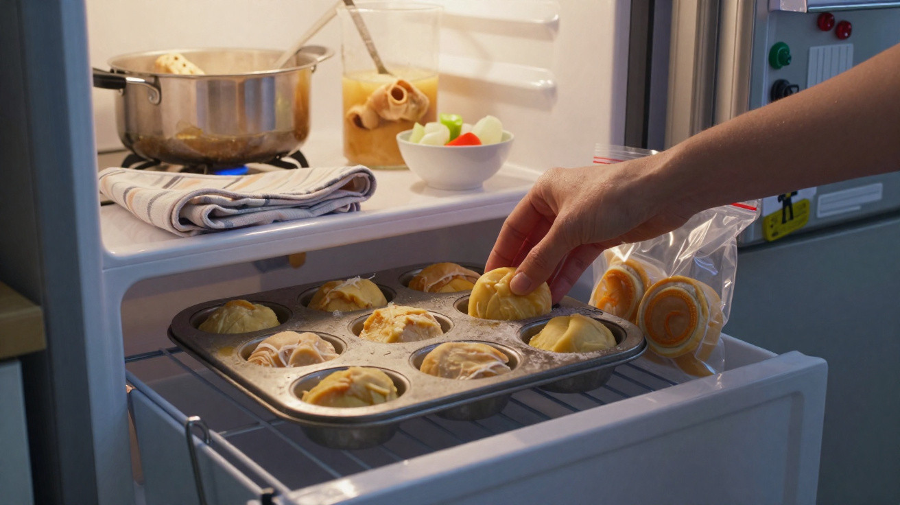 Mão a colocar ou retirar doces de uma forma metálica dentro de um frigorífico aberto.