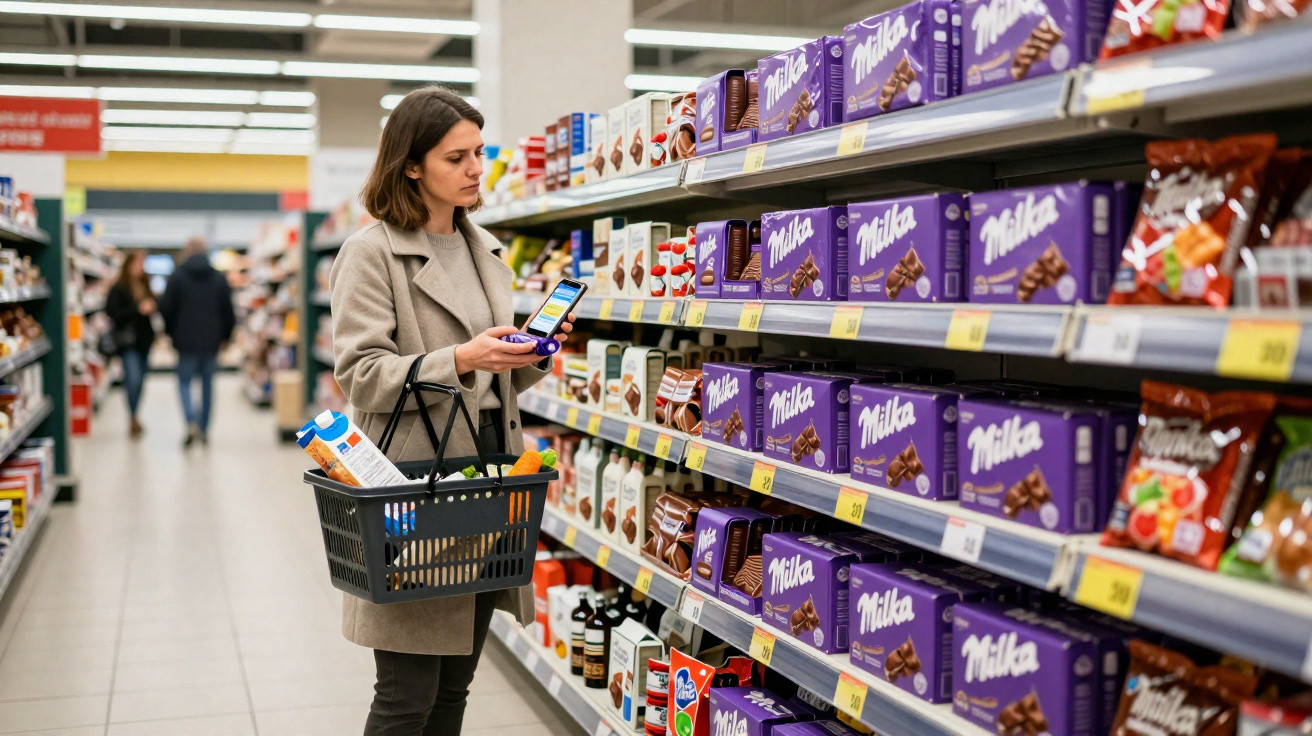 Mulher com casaco bege faz compras, segura cesta e consulta telemóvel diante de prateleiras de chocolates Milka.
