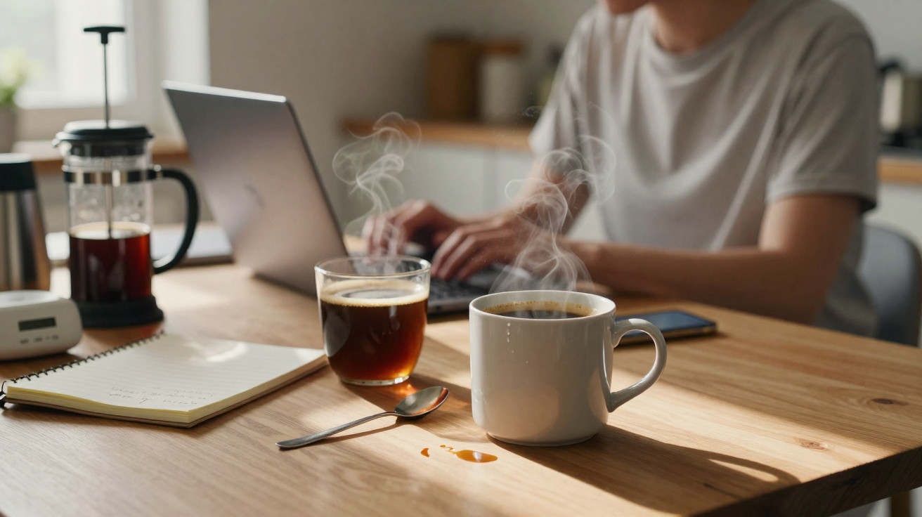 Pessoa a trabalhar num portátil com duas chávenas de café fumegante numa mesa de madeira.