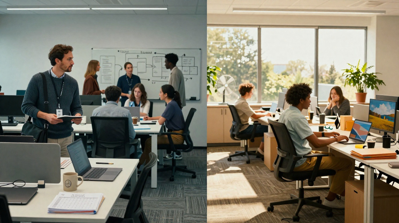 Ambiente de escritório com pessoas a trabalhar e colaborar, algumas em reunião e outras em computadores perto de janela.