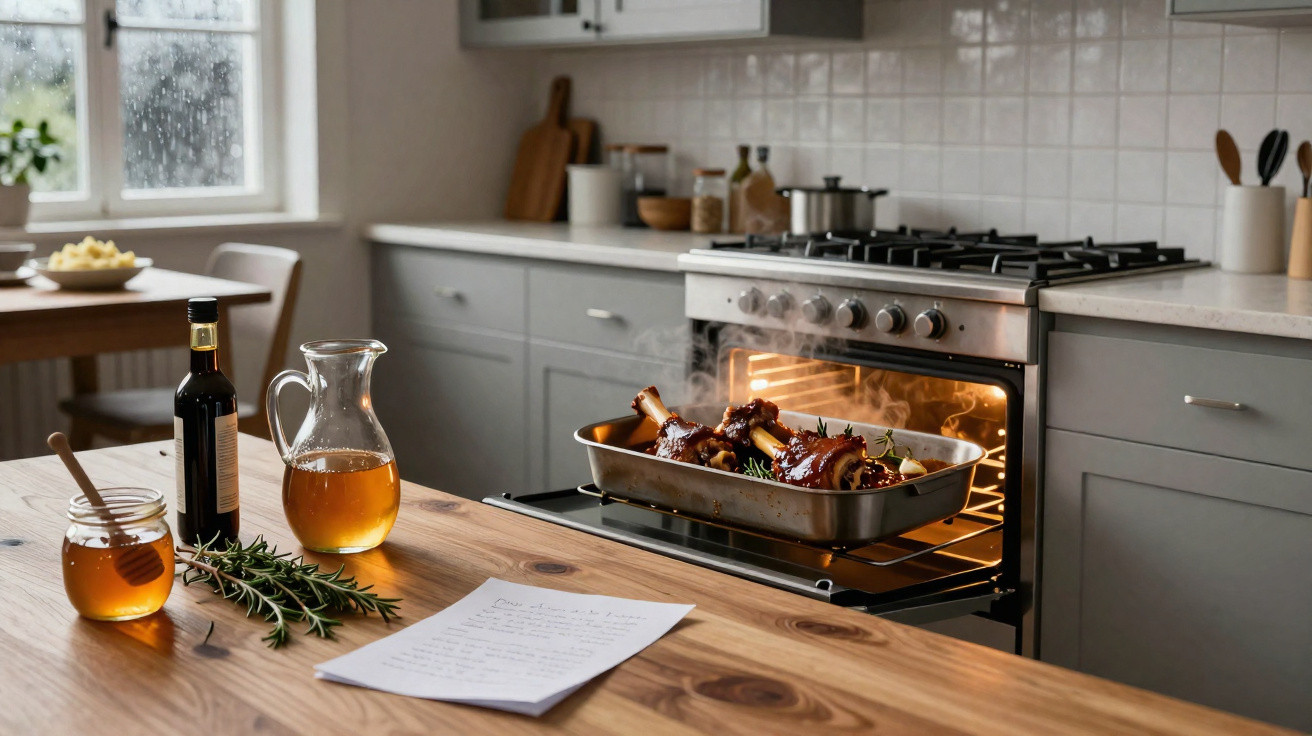 Frango a assar no forno numa cozinha moderna com jarra de mel, frasco de azeite e papel com receita numa mesa de madeira.