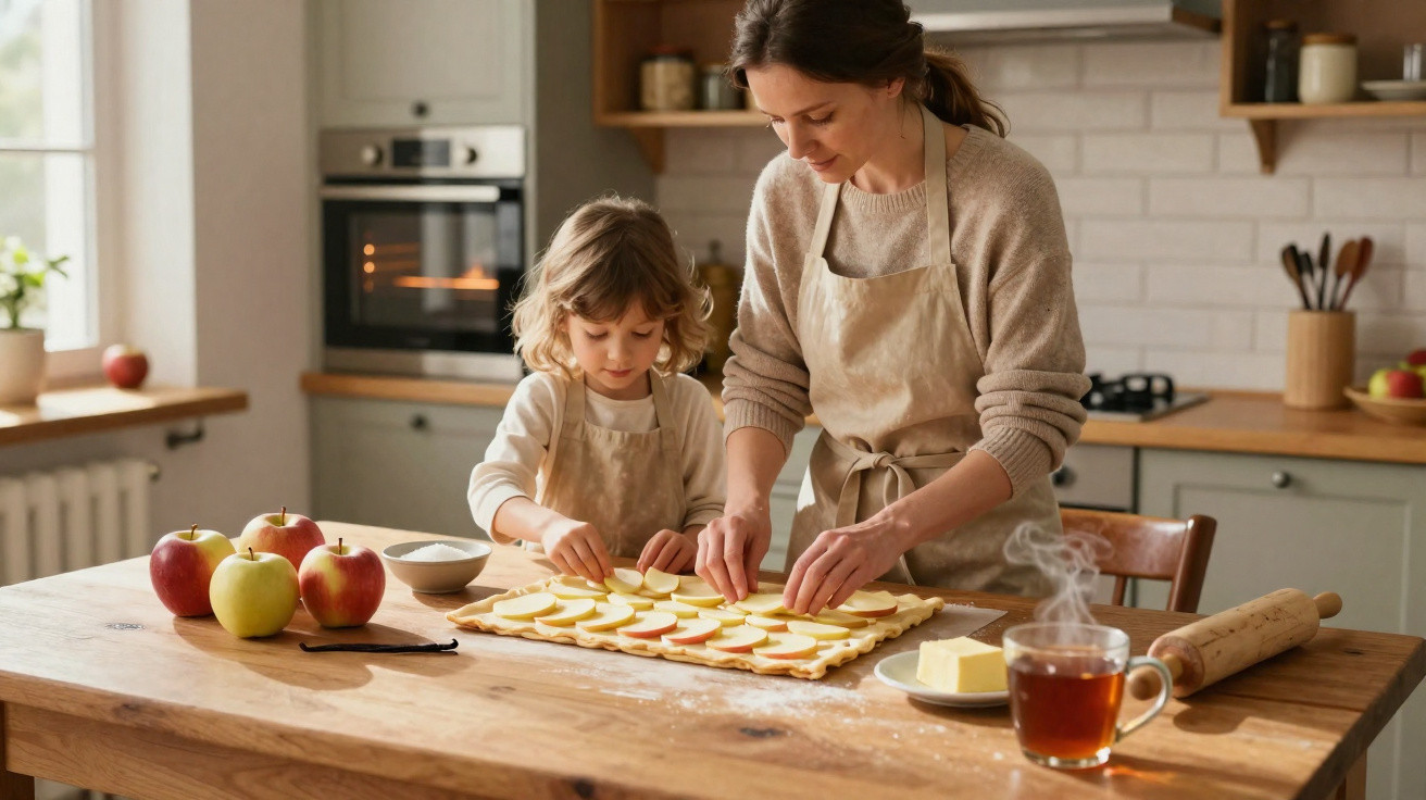 Mãe e filha a preparar uma tarte de maçã na cozinha, com utensílios e ingredientes na bancada.